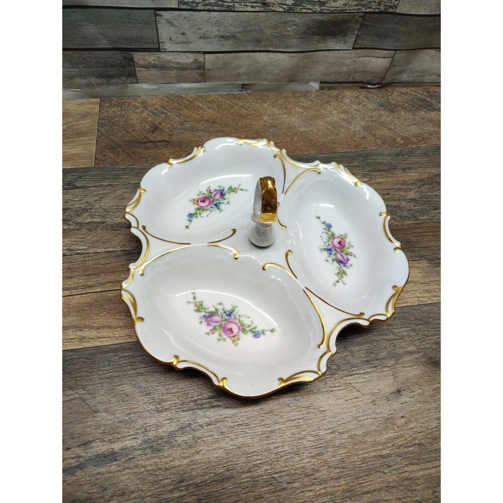 Pirken Hammer Original Porcelain Serving Dish Divided Candy Plate Handled Floral